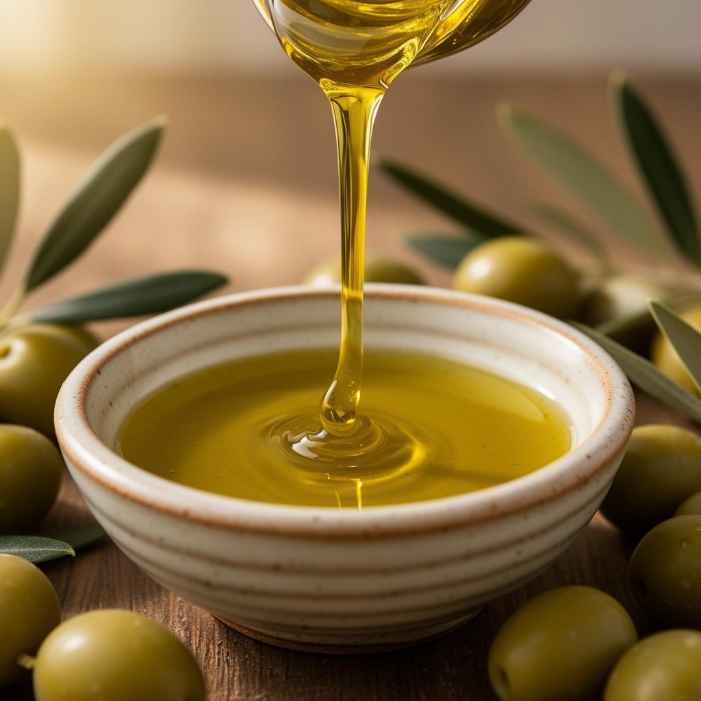 Olive oil pouring into ceramic dish